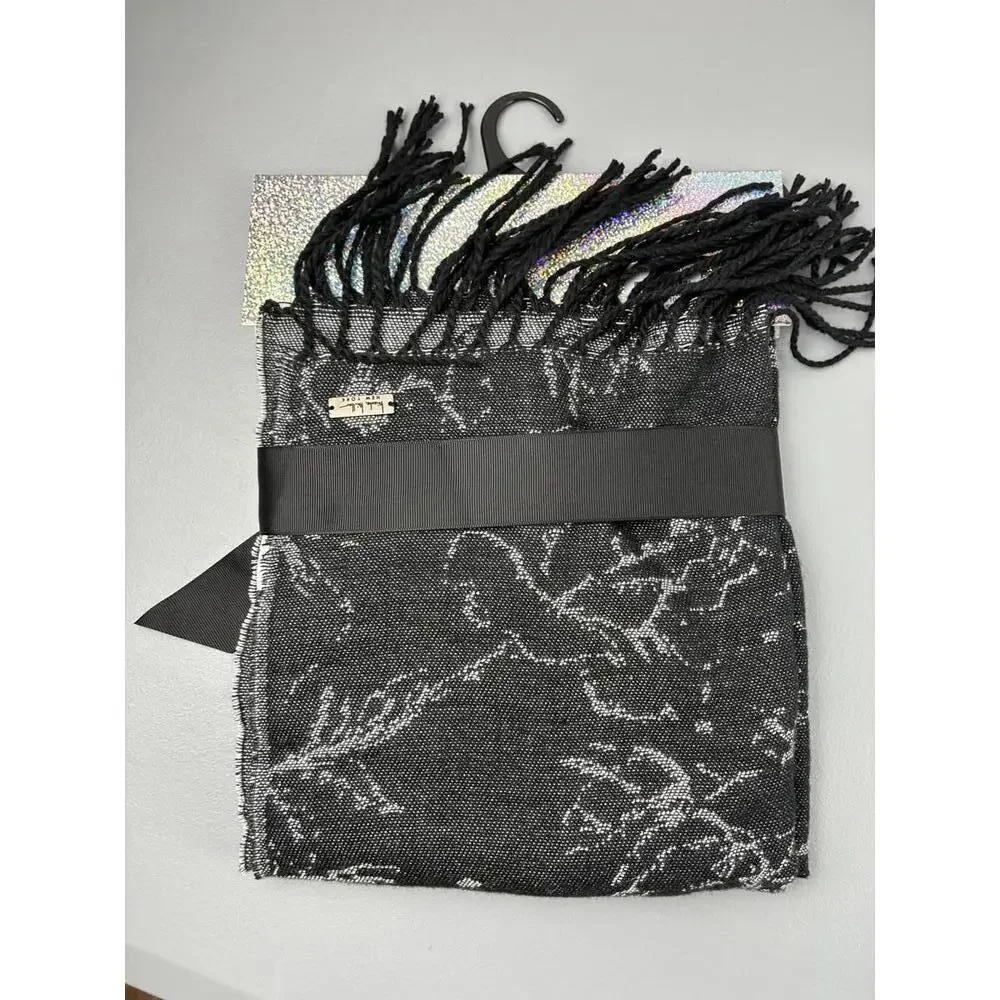 Nicole Miller New York Black and Silver Floral Pattern Scarf